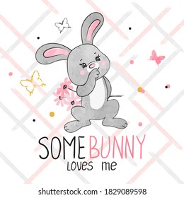 Cute watercolor bunny with flowers. Birthday card design with funny rabbit.	