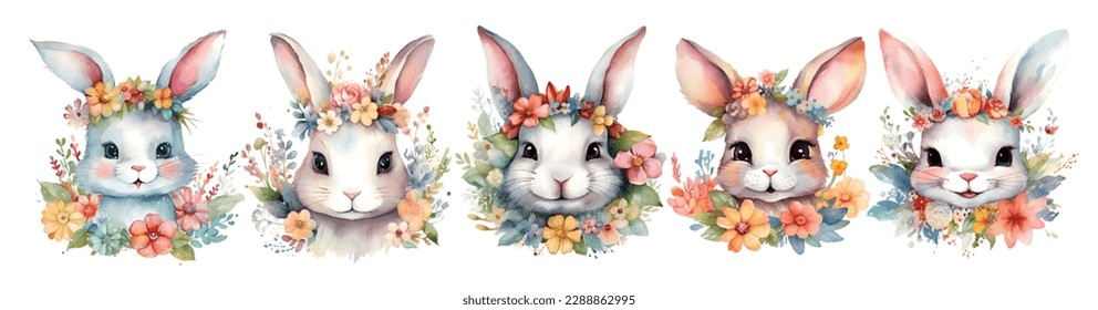 Cute Watercolor Bunny and Flowers  Easter  Vector  