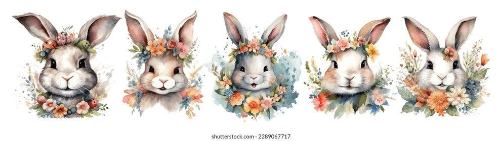 Cute Watercolor Bunny with Flowers, Easter, Vector, 