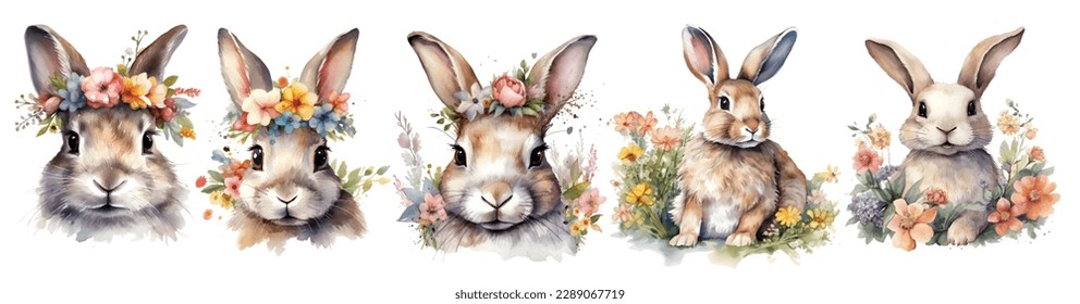 Cute Watercolor Bunny with Flowers, Easter, Vector, 