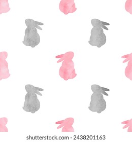 Cute watercolor bunny pattern. Seamless vector background with rabbits silhouettes