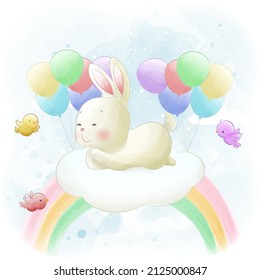 Cute watercolor bunny playing birds on cloud