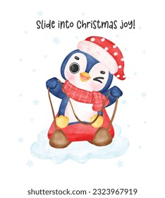 Cute watercolor cartoon of a penguin riding a sled. Capture the festive charm and playful spirit in this delightful winter illustration. Perfect for cards and seasonal designs!