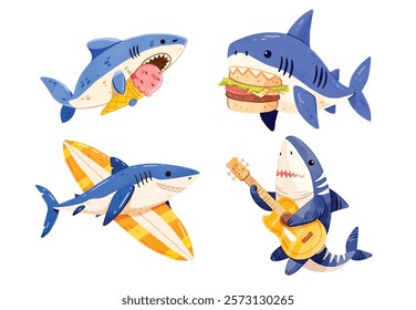 cute watercolor cartoon summer sharks set vector