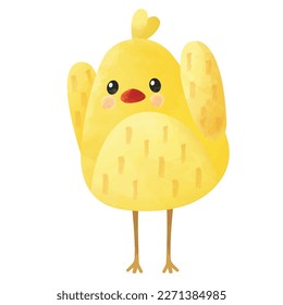 Cute watercolor cartoon yellow chick isolated on white background. Hand drawn for greeting cards and packaging design. Funny easter vector illustration.