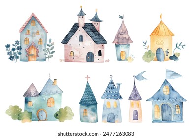 Cute watercolor castles. Fairy houses. Watercolor, palace, kingdom. Set of scandinavian childish houses. 