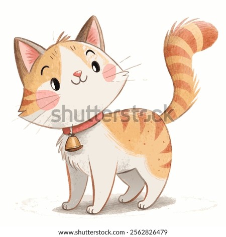 A cute watercolor cat with a bell