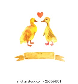 Cute watercolor chicken and duckling. Animal love. Bird cub. Lovely bird illustration. Yellow watercolor set. Background for postcard design.