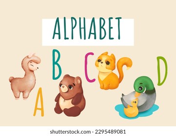 Cute watercolor children's English alphabet with animals. Alpaca, cat, bear, duck. Juicy colors, perfect for children's design