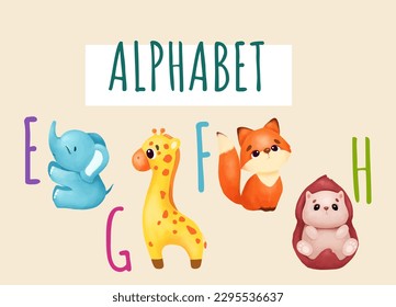 Cute watercolor children's English alphabet with animals. Elephant, giraffe, fox, hedgehog. Juicy colors, perfect for children's design