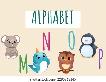 Cute watercolor children's English alphabet with animals. Narwhal,penguin,owl,mouse. Juicy colors, perfect for children's design