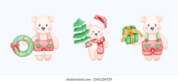 Cute watercolor Christmas bear illustration, perfect for holiday seasonal projects. This hand drawn bear art captures festive cheer, adding a cozy touch to winter designs and Christmas cards.