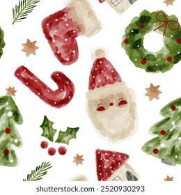 Cute watercolor christmas santa with pine trees, house, candy stick, stars. Kids seamless winter pattern design for boy or girl.