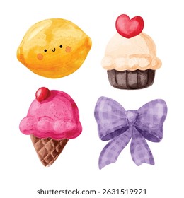 Cute watercolor clipart set featuring a smiling lemon, heart-topped cupcake, pink ice cream cone, and purple gingham bow. Adorable hand-painted style, perfect for stickers and digital scrapbooking