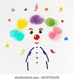Cute watercolor clown doodle with rainbow hair, isolated on white paper background. Fun hand-drawn style for children’s books, education, or playful poster designs