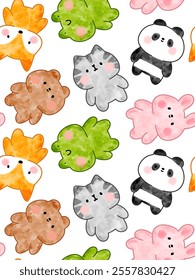 Cute watercolor colorful animals seamless pattern background with hand drawn doodle vector green frog, orange fox, panda, brown teddy bear, grey kitten, pink bunny.	