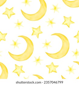 Cute watercolor crescents and stars kids seamless pattern