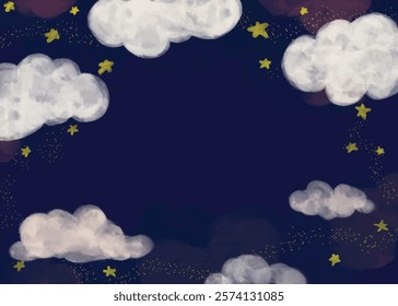 Cute watercolor dark blue pink cloud in a sky with glittery stars dreamy illustration hand drawn background wallpaper greeting card template space for text landscape hand drawn