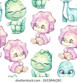 Cute watercolor dinosaurs featuring playful baby creatures in a seamless pattern perfect for backgrounds or wallpapers
