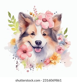 cute watercolor dog illustration with flower and spring color