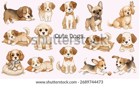 Cute watercolor dog vector set with playful puppies in soft colors and sweet poses. Perfect for baby designs, cards, stickers, pet projects, nursery prints, and animal illustrations.
