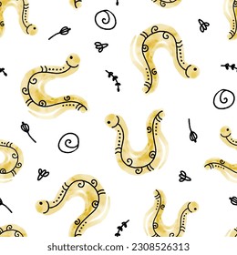 Cute Watercolor Doodle Worms Vector Seamless Pattern
