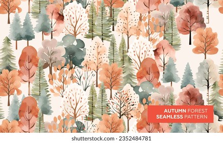 Cute watercolor drawing with autumn trees, autumn forest seamless pattern in soft colors. Autumn trendy art background for season decoration, greetings, ads, fabric textile and packaging