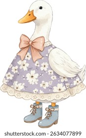 Cute Watercolor Duck in Floral Dress with Bow. Whimsical Animal Illustration