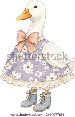 Cute Watercolor Duck in Floral Dress with Bow. Whimsical Animal Illustration