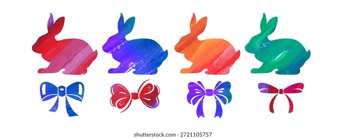 Conejito de Pascua de acuarela lindo con el arco skicker conjunto. Animales de liebre dibujados a mano. Ilustración vectorial aislada