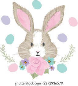 Cute watercolor easter rabbit with eggs and flowers