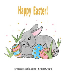 Cute watercolor Easter rabbit and eggs. Vector easter bunny illustration. 