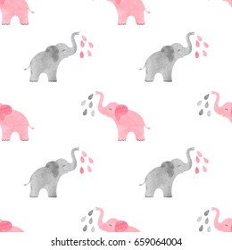 Cute watercolor elephants pattern. Vector simple seamless background for kids.