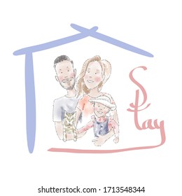 Cute watercolor family drawing. Quarantine illustration, Covid- 19. Children and parents at home, hand drawn cartoonish people in pastel color scheme