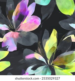 Cute watercolor floral seamless pattern on black background. Flower vector illustration. Watercolor print in rustic vintage style, textile or wallpapers.