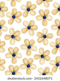 Cute Watercolor Floral Seamless Vector Pattern. Infantile Drawing-like Abstract Garden. Yellow Hand Painted Flowers on a White Background. Infantile Style Floral Endless Print Perfect for Fabric.