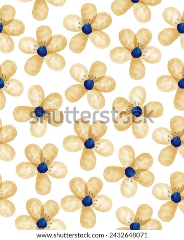 Cute Watercolor Floral Seamless Vector Pattern. Infantile Drawing-like Abstract Garden. Yellow Hand Painted Flowers on a White Background. Infantile Style Floral Endless Print Perfect for Fabric.