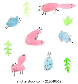 Cute watercolor foxes and bunnies. Vector illustration,