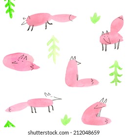 Cute watercolor foxes in a forest. vector
