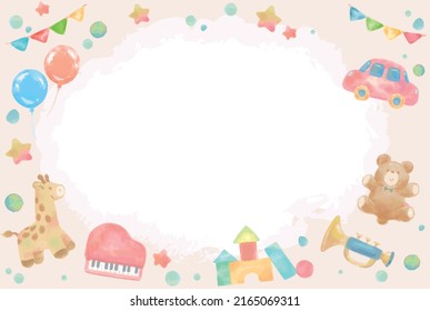 Cute watercolor frame of toys. Vector illustration.