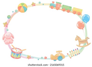 Cute watercolor frame of toys. Vector illustration.