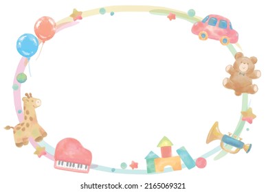 Cute watercolor frame of toys. Vector illustration.