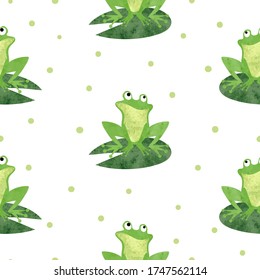 Cute watercolor frog pattern. Seamless vector background.