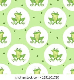 Cute watercolor frog pattern. Seamless polka dot background for kids.