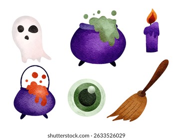 Cute Watercolor Halloween Clipart Set – Cauldron, Ghost, Eyeball, Broom, and Candle Elements.Whimsical watercolor Halloween clipart set featuring spooky cute illustrations: a ghost, boiling cauldron