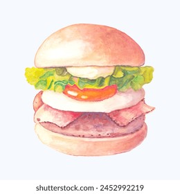 Cute Watercolor Hamburger Clipart - Download Delicious Burger Art