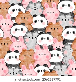 Cute watercolor hand drawn colorful animals seamless pattern background with panda, brown teddy bear, grey kitten, pink bunny.	
