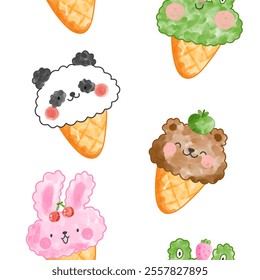 Cute watercolor hand drawn doodle ice cream panda, hare, frog and teddy bear. Sweet food vector seamless pattern.
