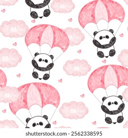 Cute watercolor hand drawn pamda bear flying around clouds and pink hearts with parachute. Seamless pattern background.	
