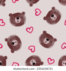 cute watercolor hand drawn teddy bear face with pink hearts on a beige background, kids seamless pattern for textile 